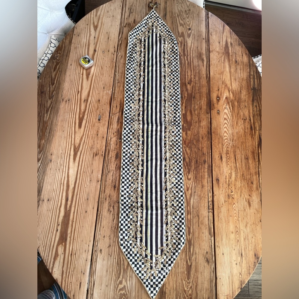 Mackenzie-Childs Golden Laurel Table Runner Retired Black & White, Gold w Charms